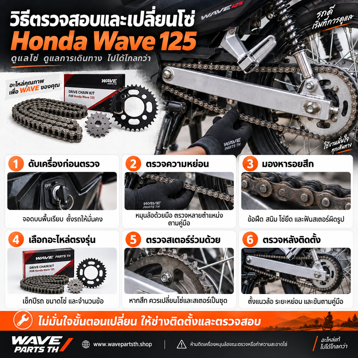 การตรวจสอบและเปลี่ยนโซ่สำหรับ Wave 125