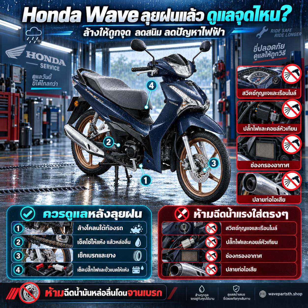 การดูแล Honda Wave หลังจากลุยฝน