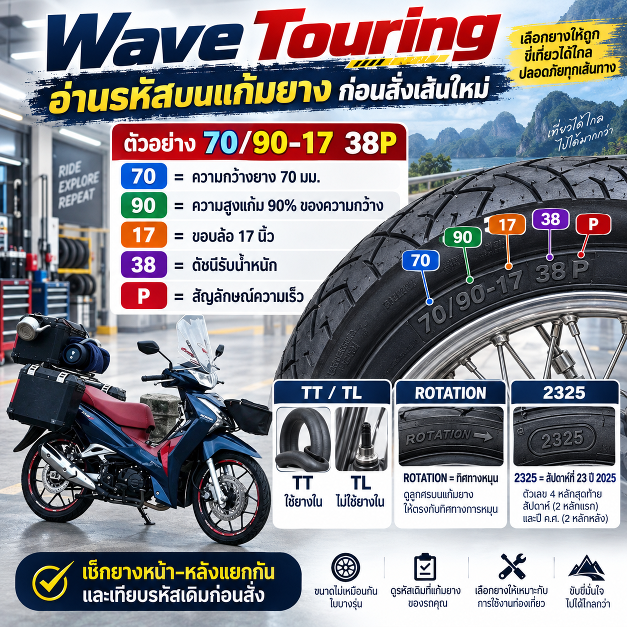 อ่านรหัสบนแก้มยางสำหรับ Wave Touring
